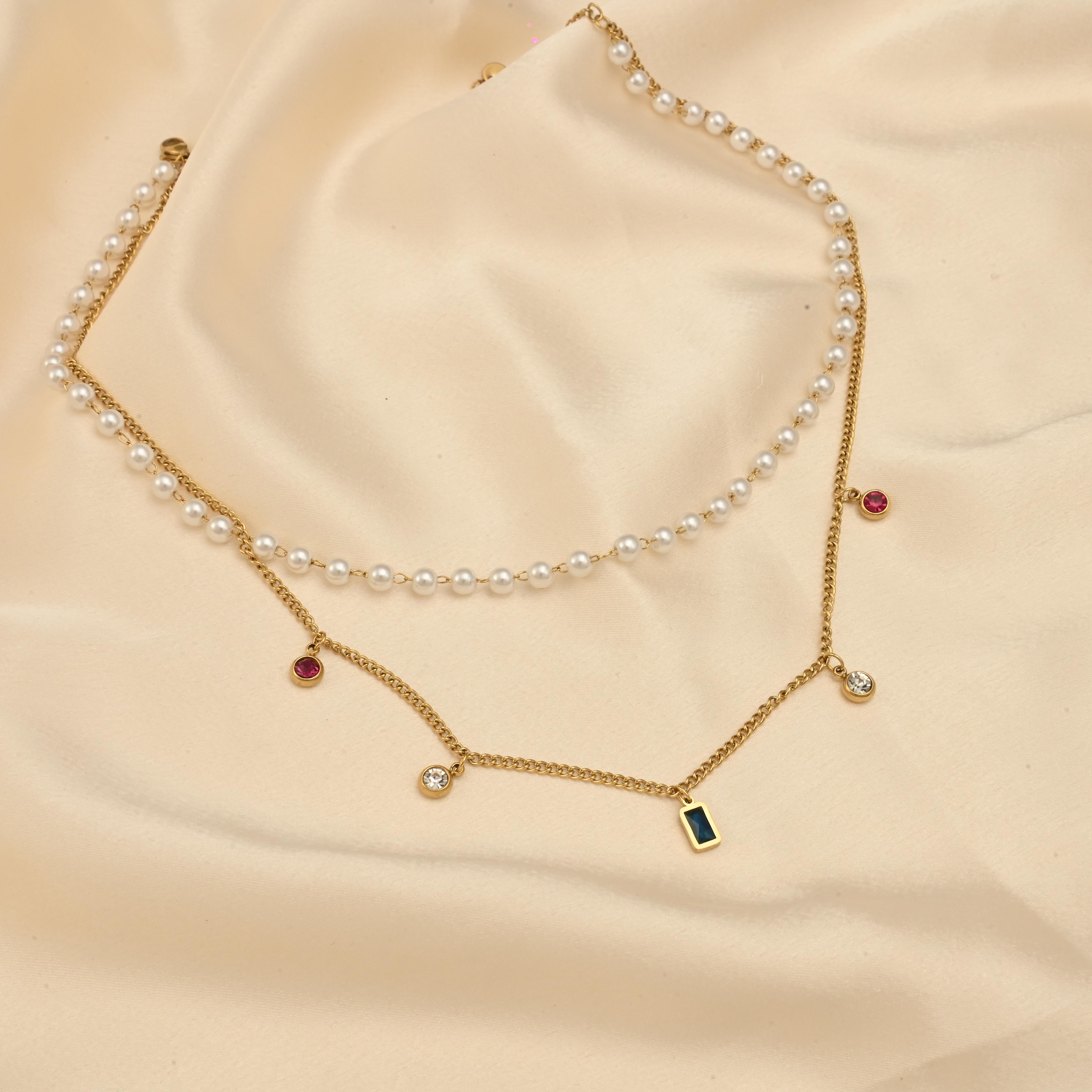 Cubic Zirconia, Pearls Layered Necklace