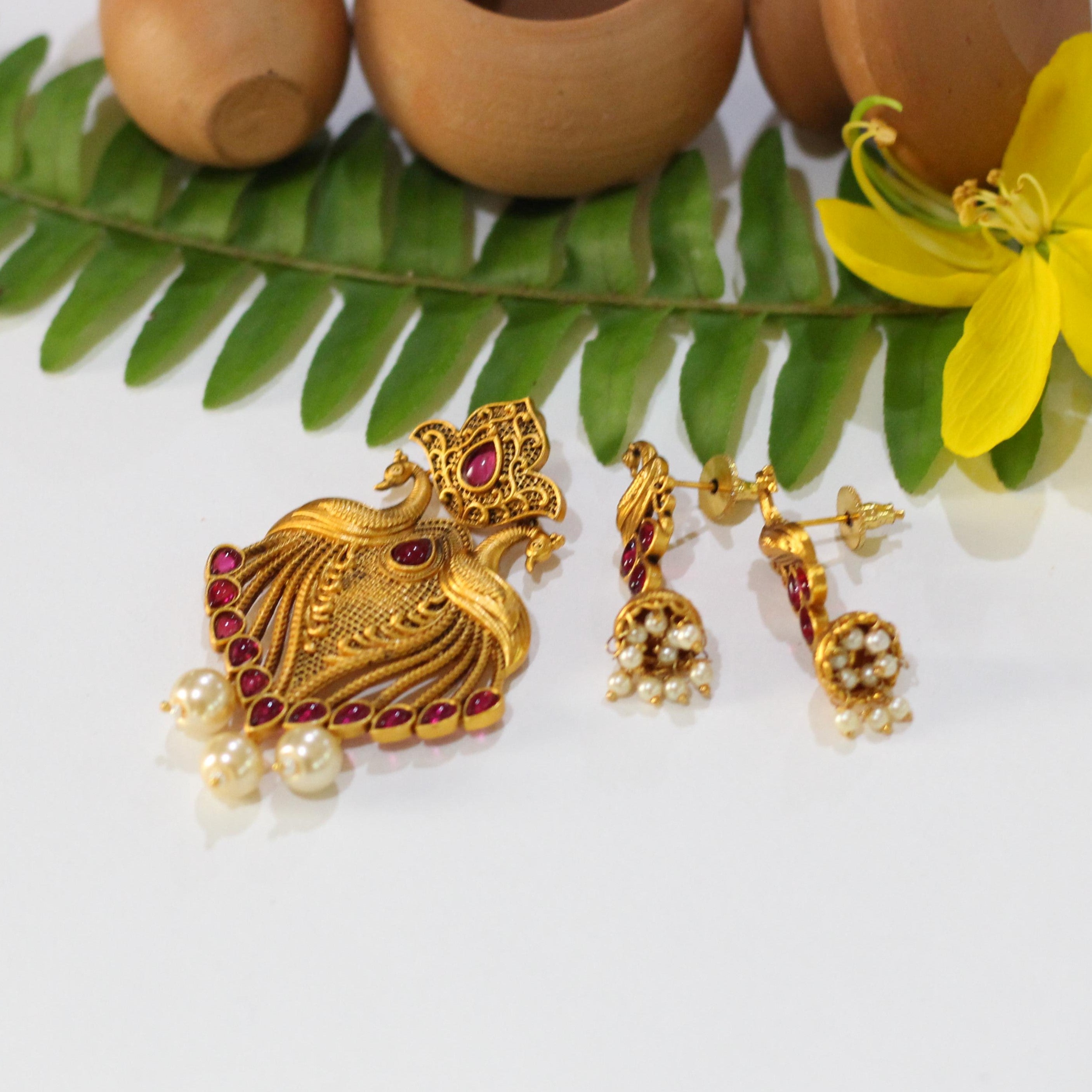 Peacock Temple Pendant Set