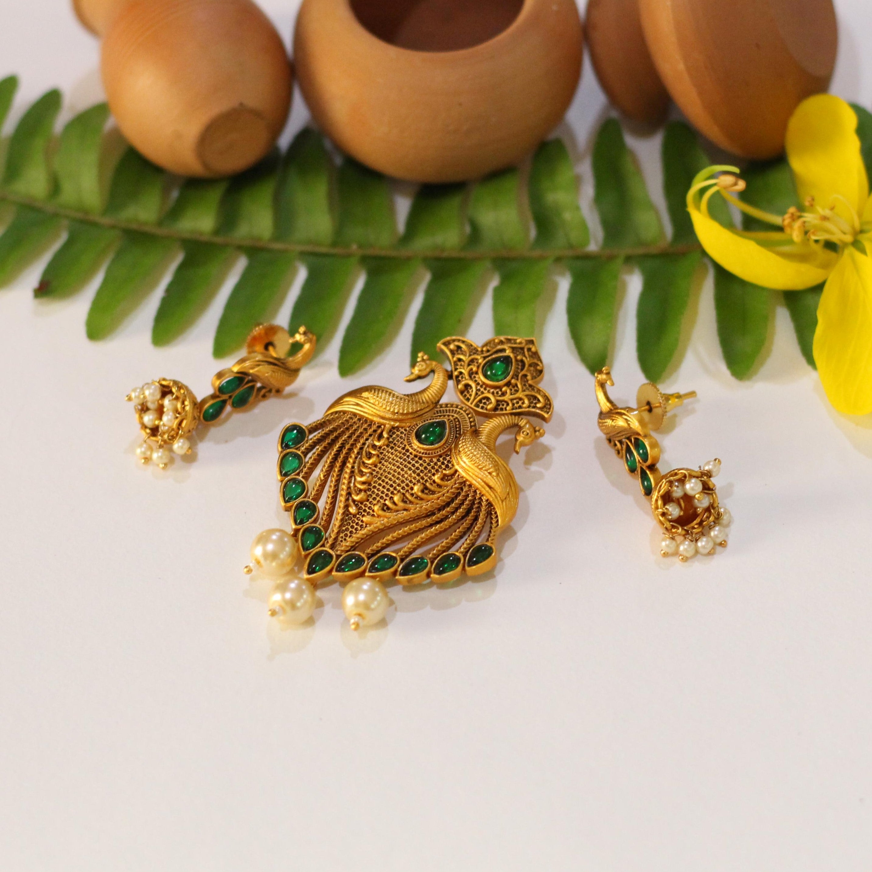 Peacock Temple Pendant Set