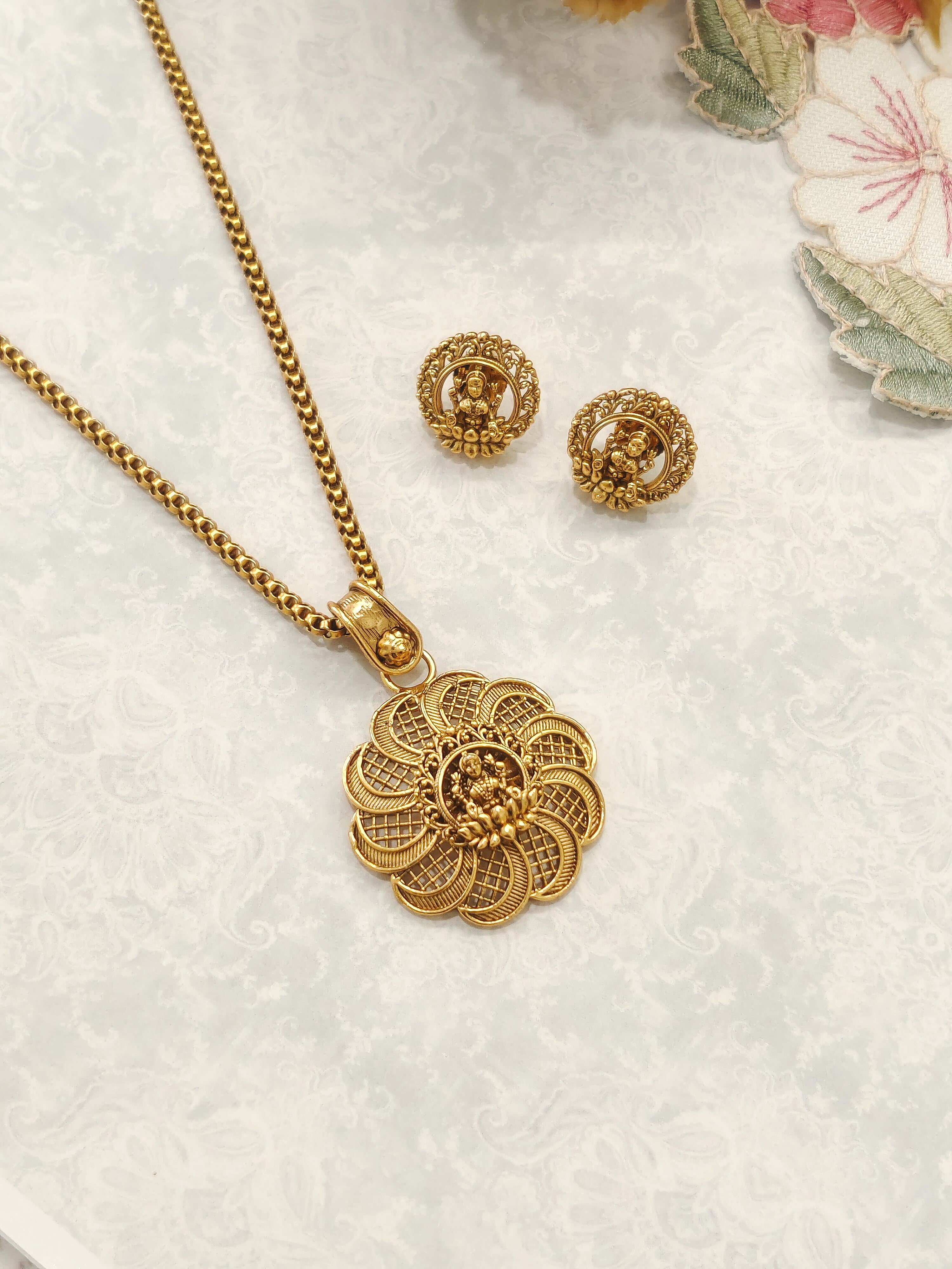 Lotus Lakshmi Temple Pendant Set