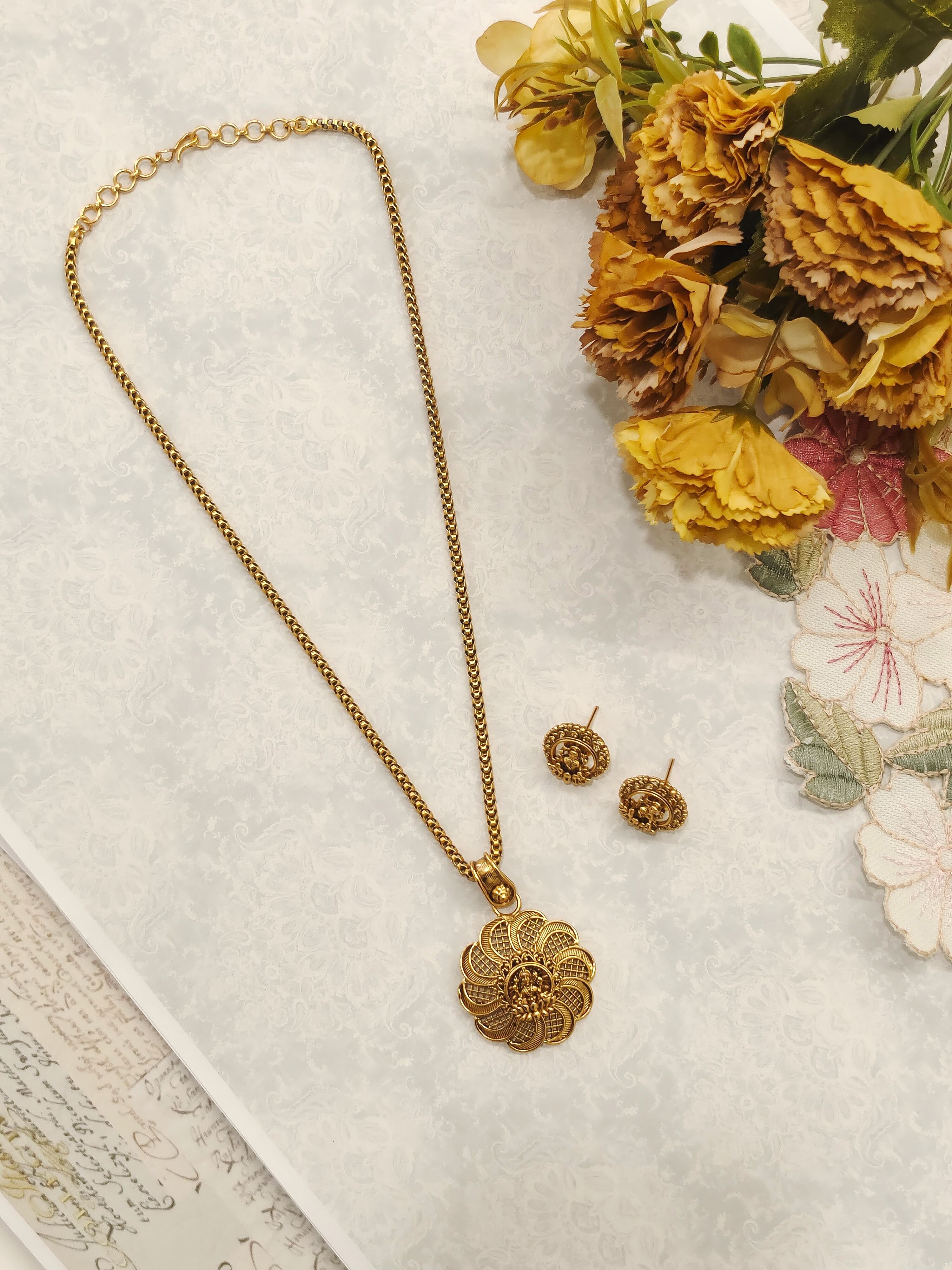 Lotus Lakshmi Temple Pendant Set