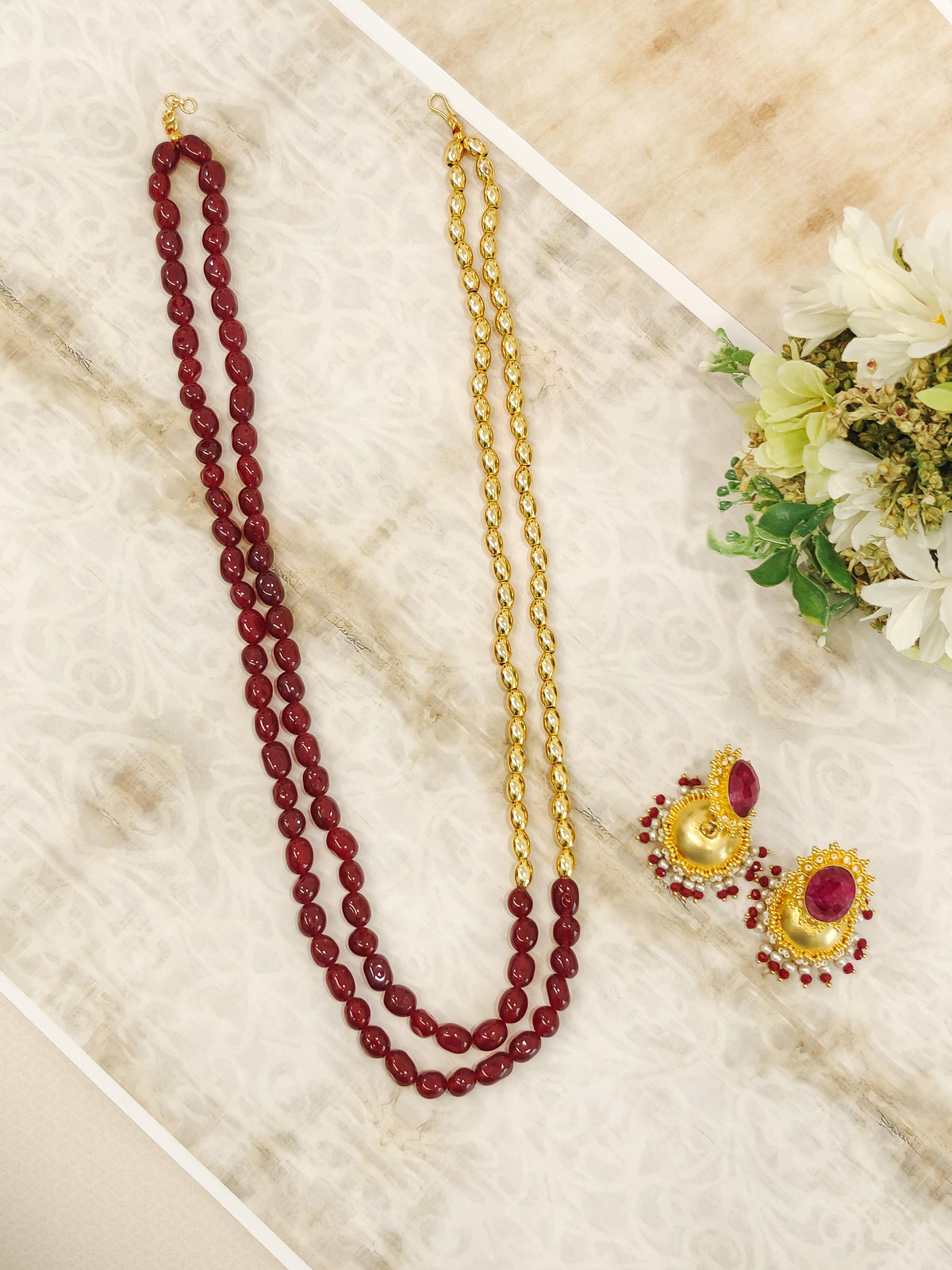 Double-Strand Necklace With Maroon & Golden Beads
