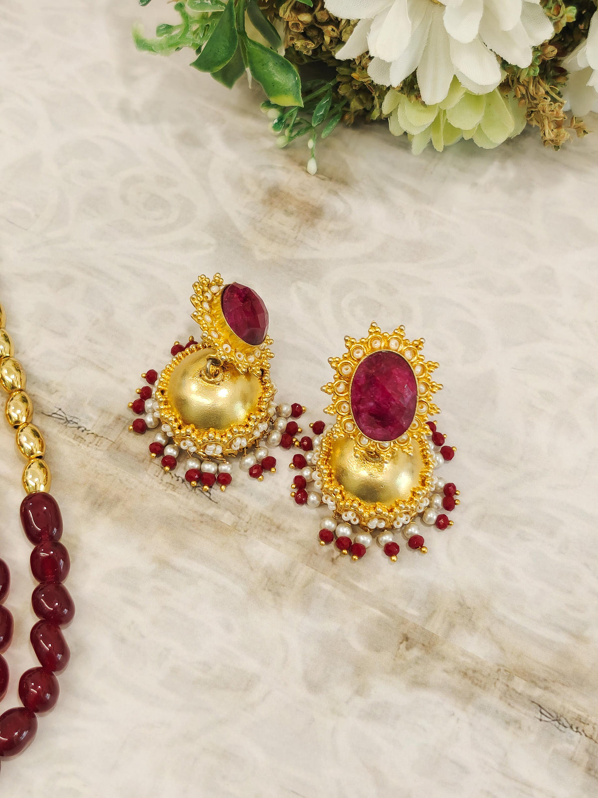Double-Strand Necklace With Maroon & Golden Beads