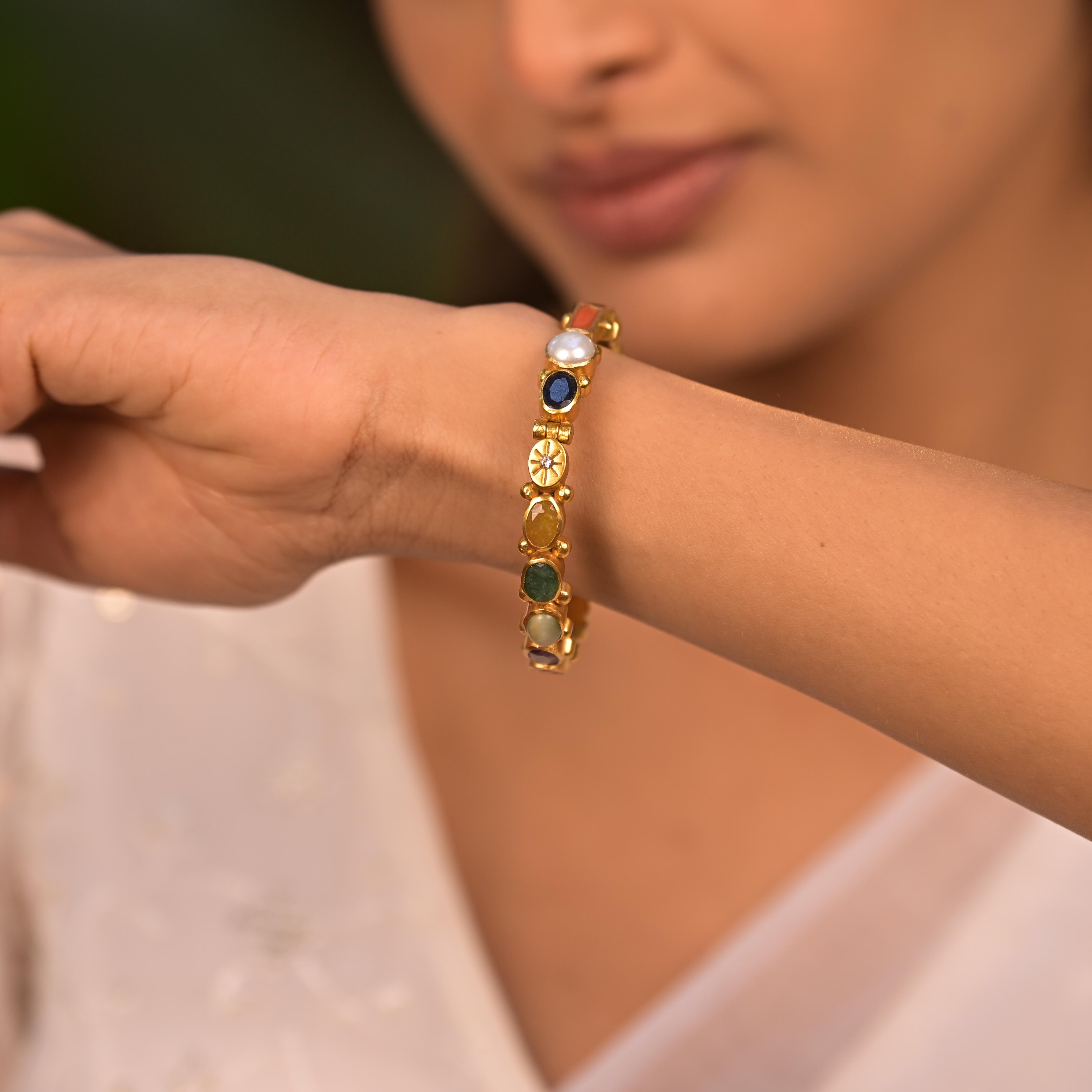 Navratna Gold Plated 925 Silver Bangle