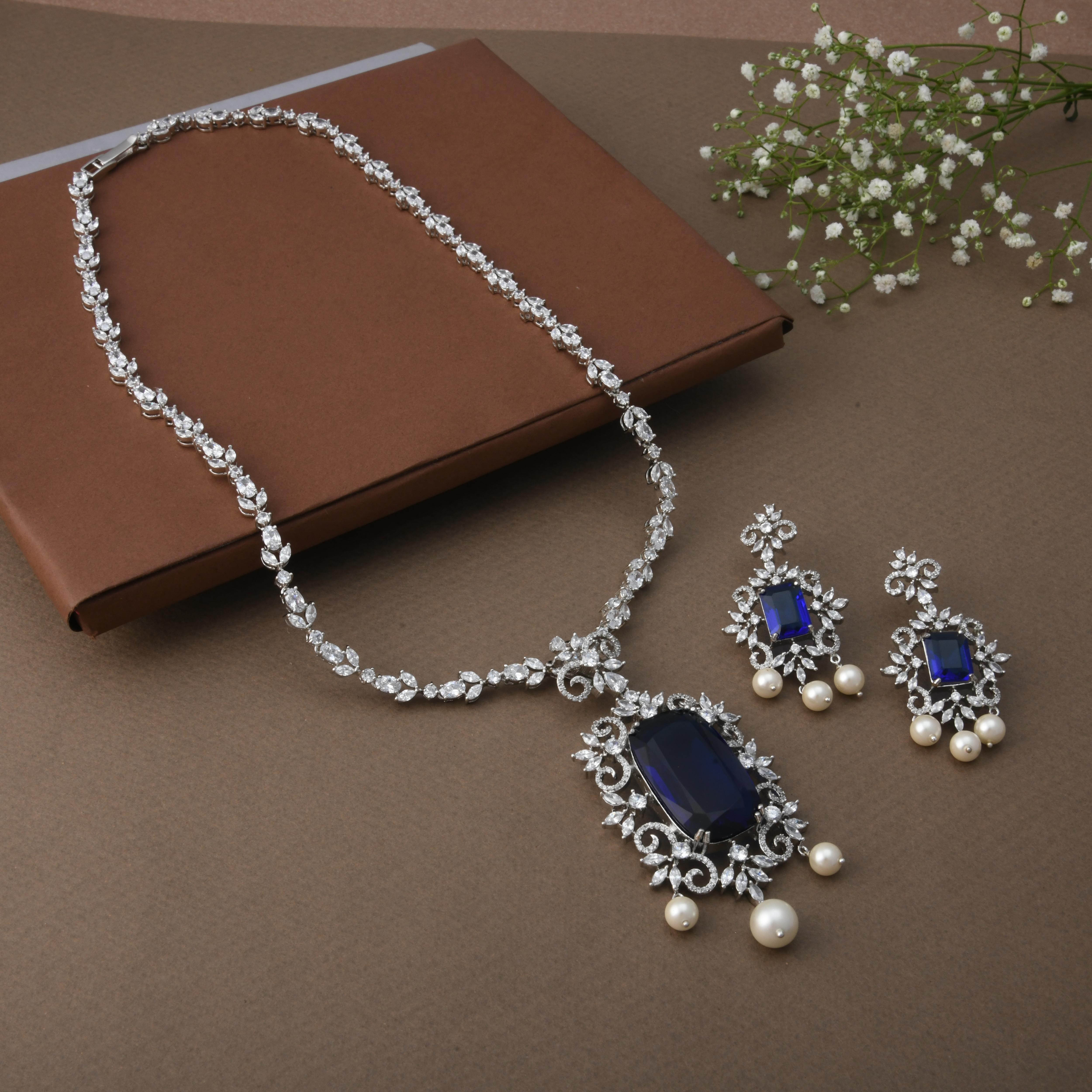 American Diamond Royal Blue Necklace Set