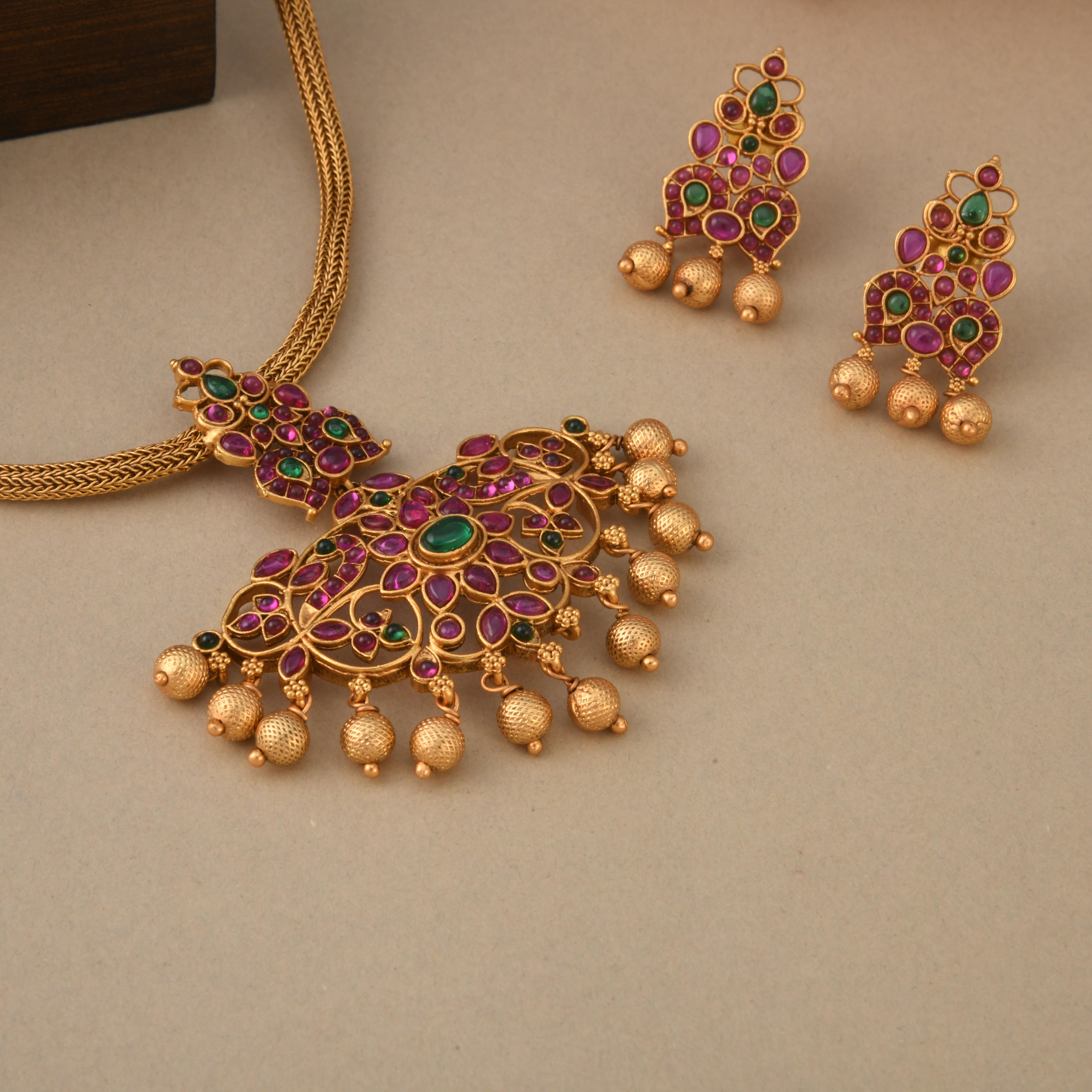 Pink Pendant Temple Necklace Set