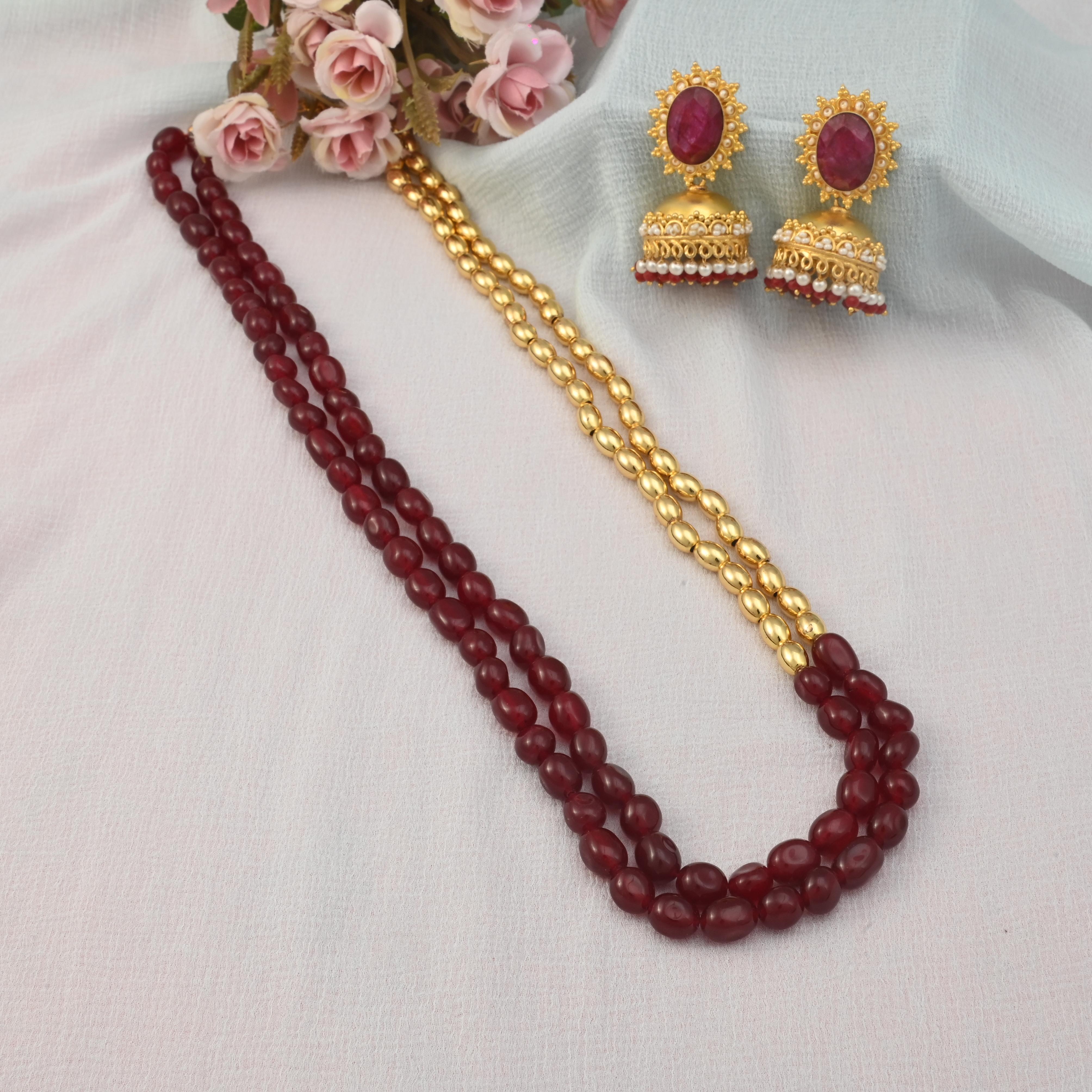 Double-Strand Necklace With Maroon & Golden Beads