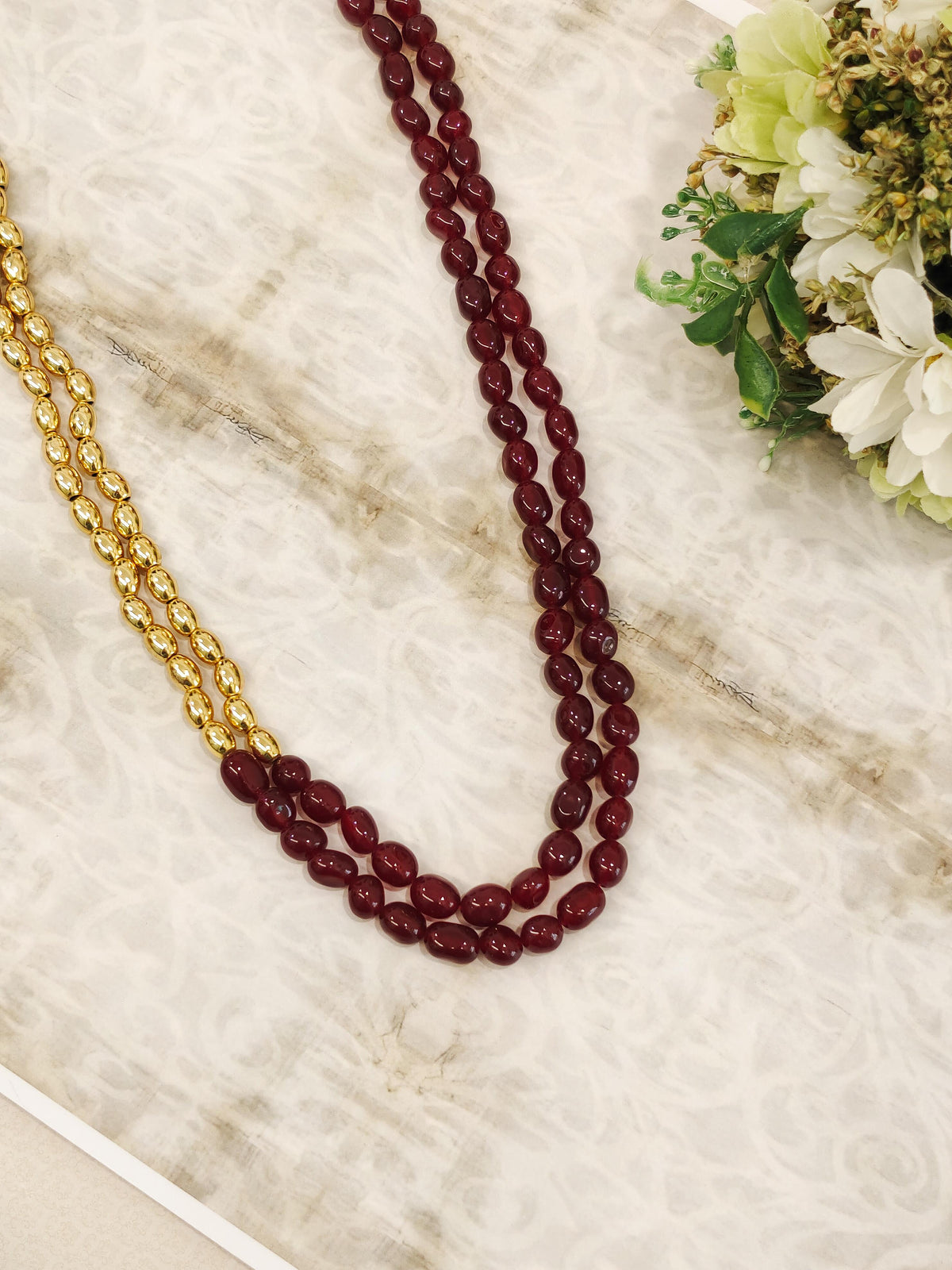 Double-Strand Necklace With Maroon & Golden Beads