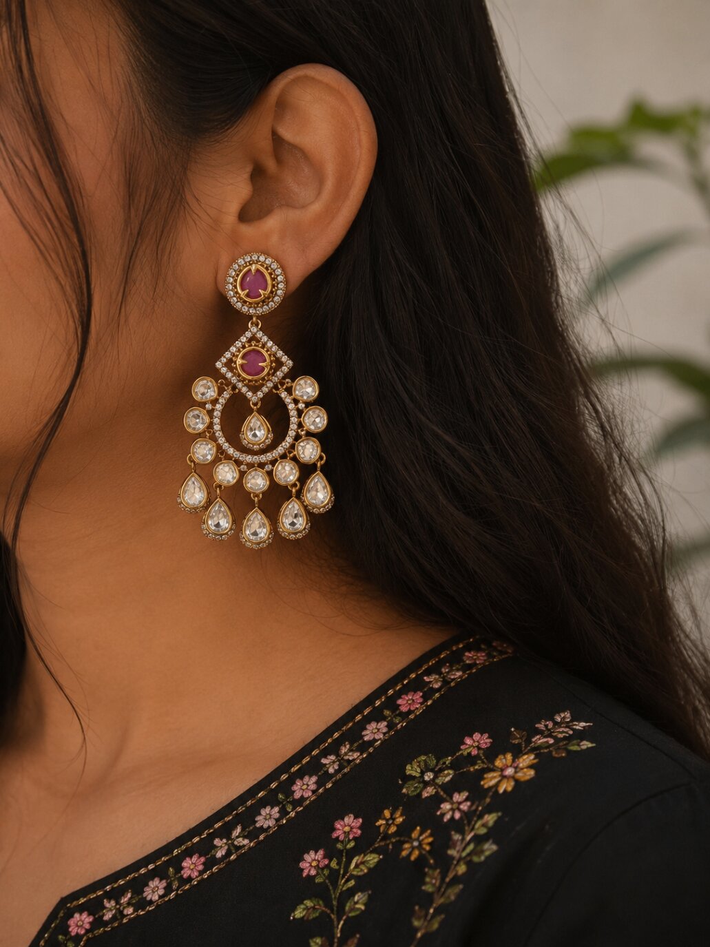 Kundan Rani Gold Bali Earrings