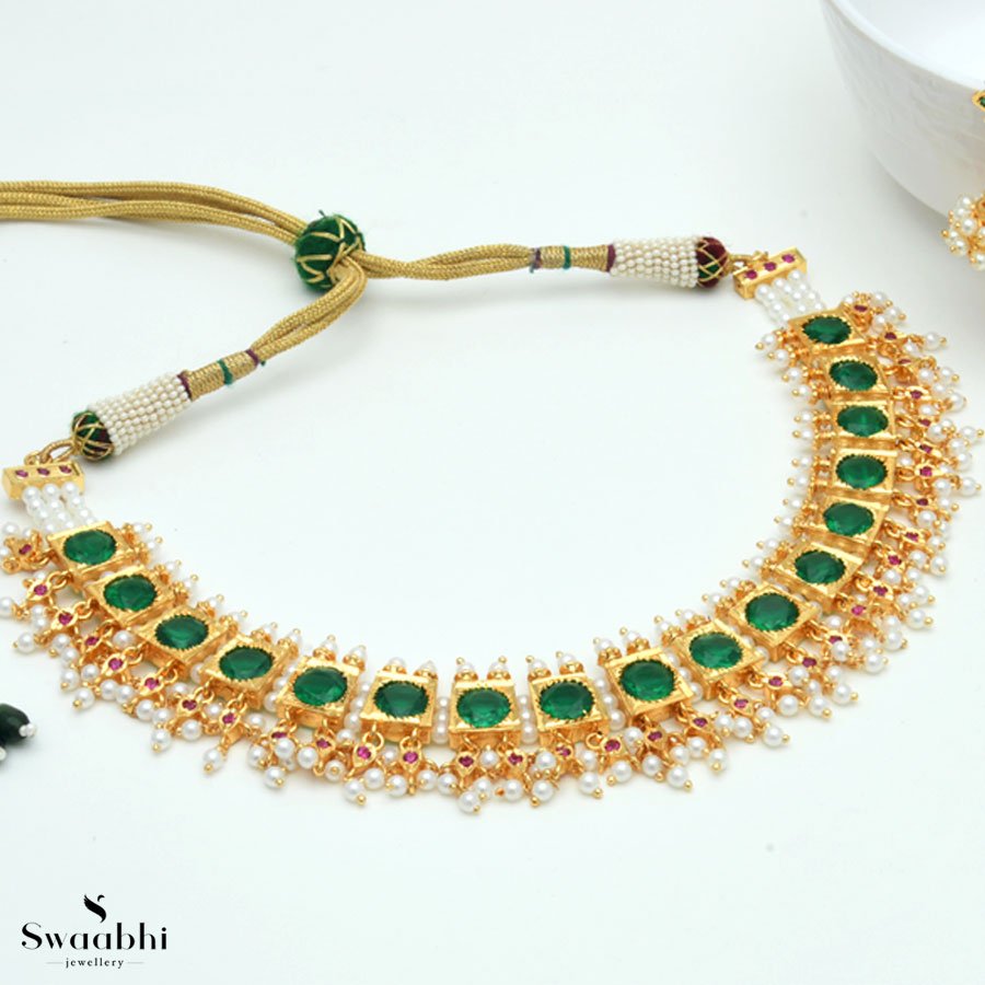 Olive Green Necklace Set - Short Necklace - Gold