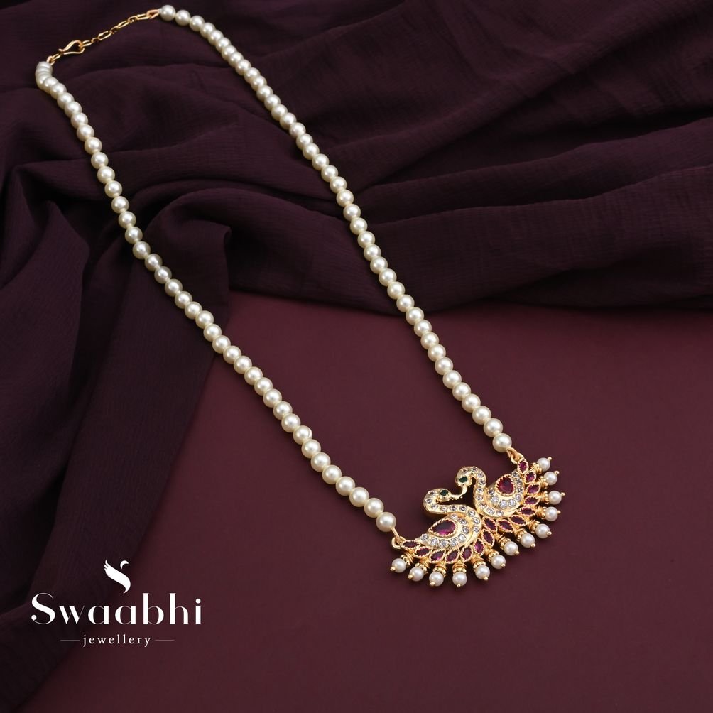 Shop long silver necklace design with pearl chain and handcrafted silver  pendant.