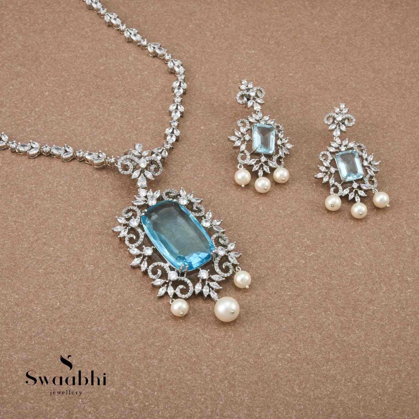 Buy American Diamond Aqua Blue Necklace Swaabhi.com42