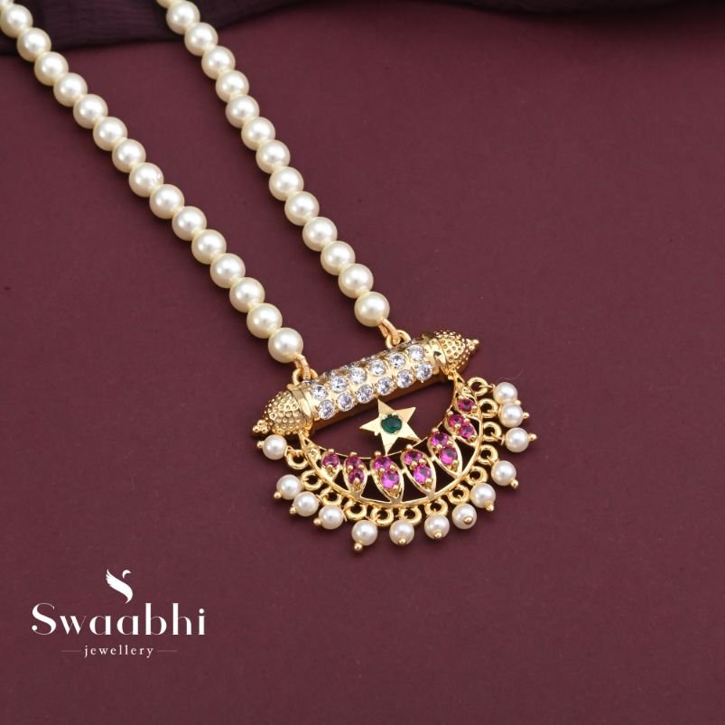 Temple Pendant Pearl Necklace - South India Jewels