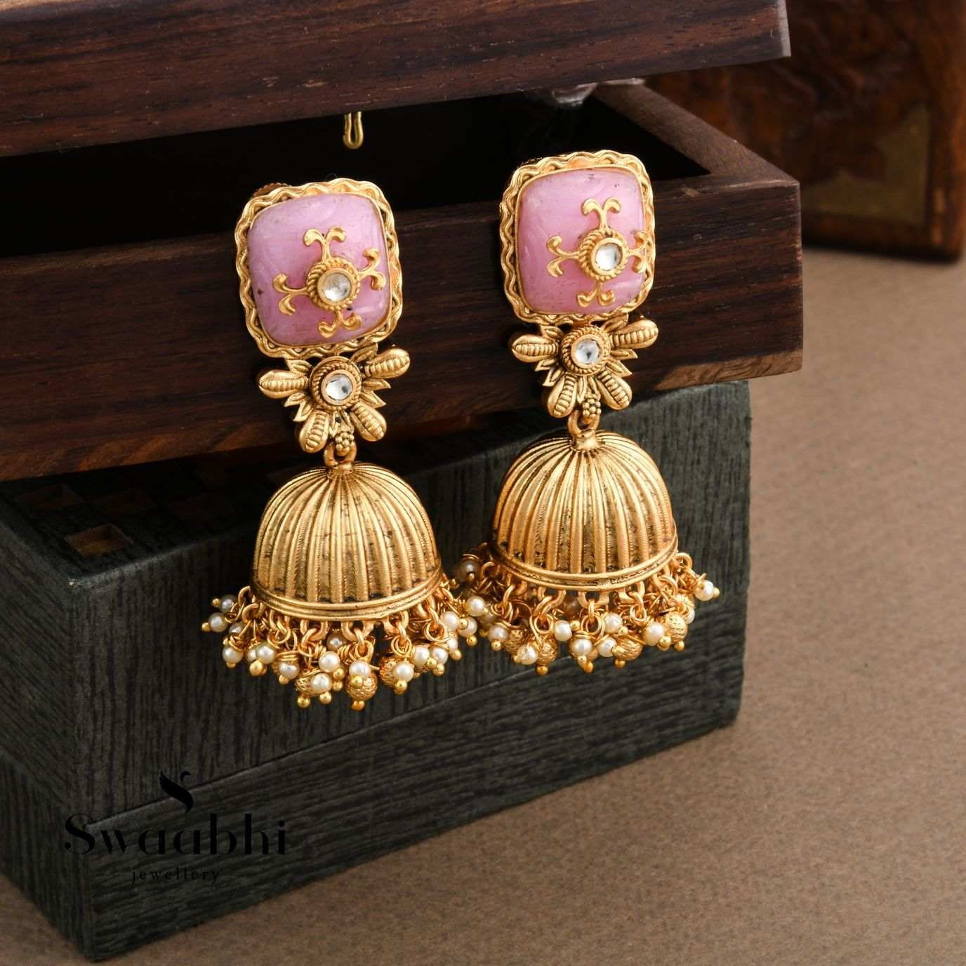 buy Pink Matte Gold Jhumka|swaabhi.com|54