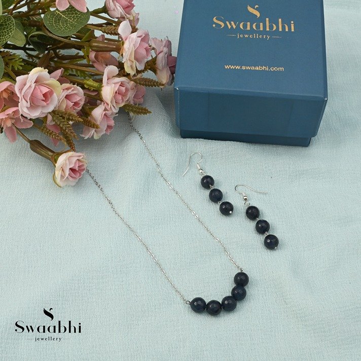 Tie-Beads Long Necklace in Navy Blue by Mieko Mintz (Silk Necklace) |  Artful Home