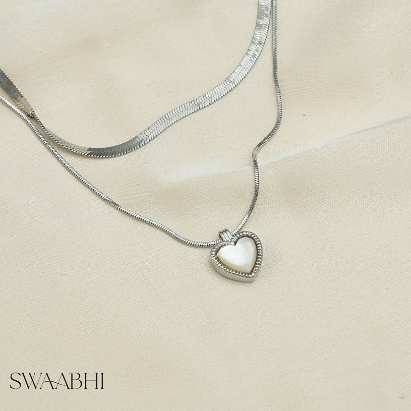 Mother Of Pearl Heart Necklace - Silver