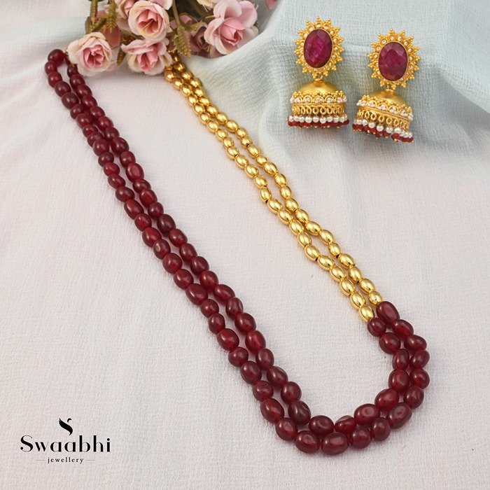 Maroon And Golden Beads Layer Necklace