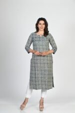 Dark Blue Block With Circle Printed Cotton Long Kurti