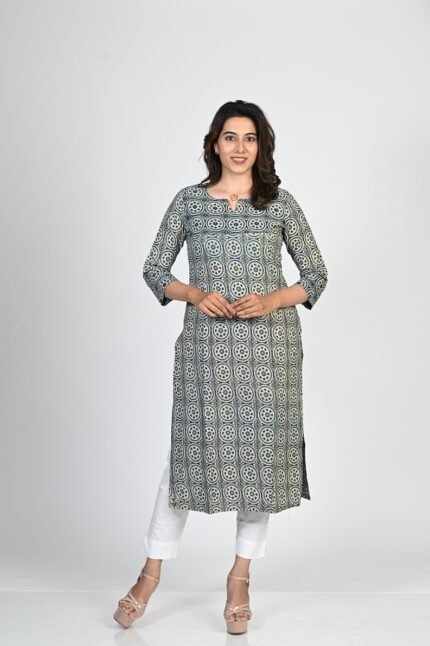 Dark Blue Block With Circle Printed Cotton Long Kurti