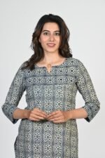 Dark Blue Block With Circle Printed Cotton Long Kurti