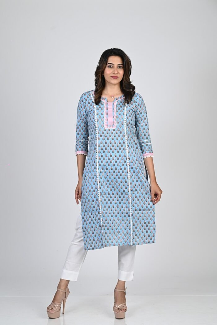 Sky Blue Block Printed Cotton Long  Kurti