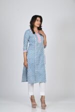 Sky Blue Block Printed Cotton Long  Kurti