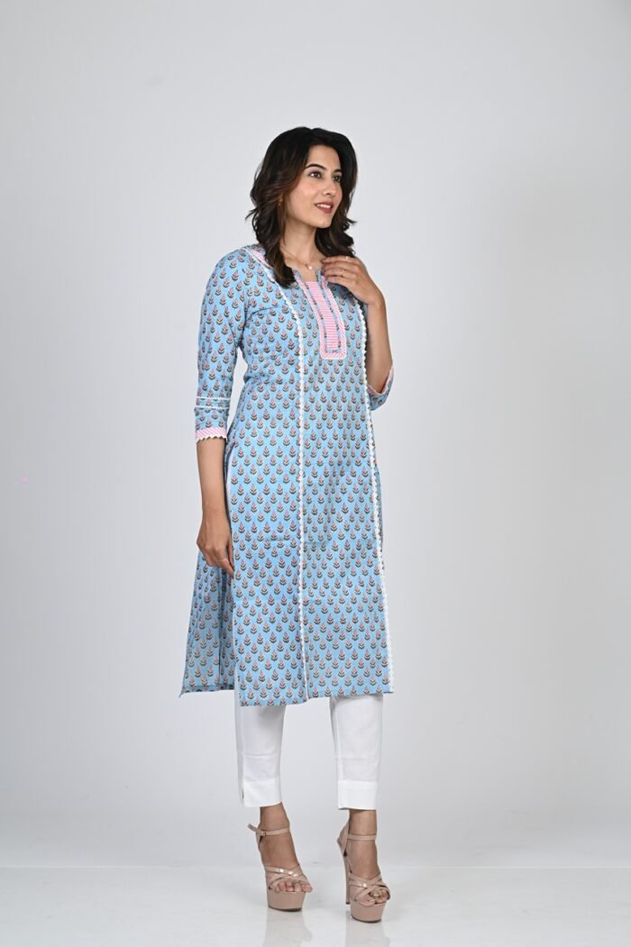 Sky Blue Block Printed Cotton Long  Kurti