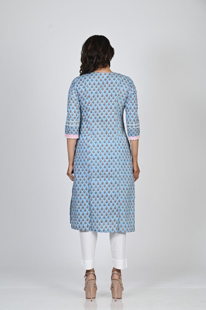 Sky Blue Block Printed Cotton Long  Kurti